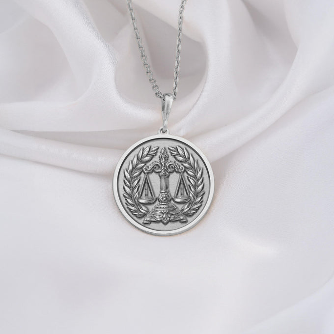 silver Scales of Justice Necklace, personalized with initials or date. Ideal lawyer gift, symbolizes justice, balance, law, equality. Perfect for judges, advocates, law graduates, and Libra zodiac
