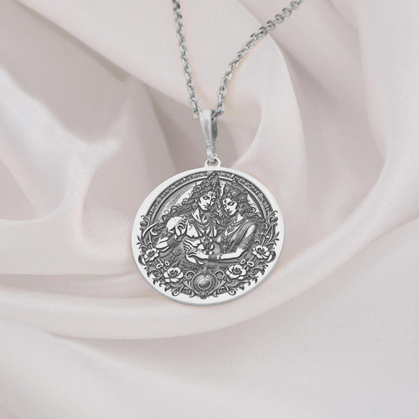 Handmade sterling silver Shiva Parvati necklace with oxidized detailing, adjustable clasp, and symbolic Hindu pendant for spiritual wear