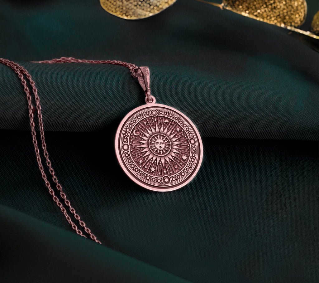 Rose gold plated sunburst pendant necklace, blending boho style and celestial charm, a perfect accessory or gift for astrology lovers.