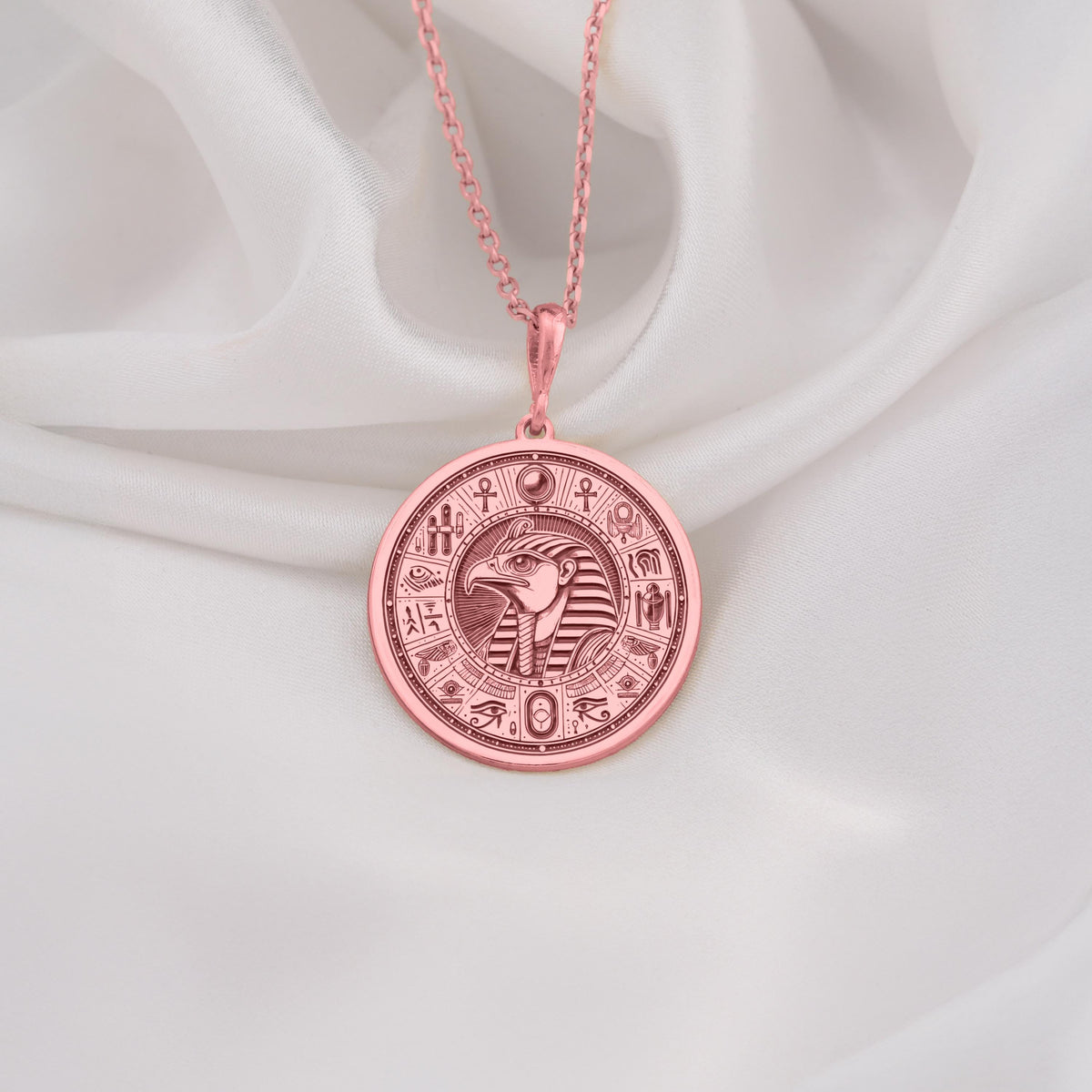 Rose Gold Eye of Horus Coin Pendant, mystical ancient Egypt amulet for protection and power, handmade dainty jewelry for women and men, available in rose gold, silver, and gold, disc medallion, perfect gift idea.