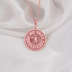 Rose Gold Eye of Horus Coin Pendant, mystical ancient Egypt amulet for protection and power, handmade dainty jewelry for women and men, available in rose gold, silver, and gold, disc medallion, perfect gift idea.