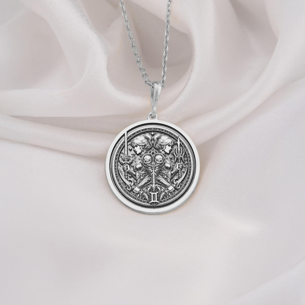 925 Sterling Silver Gemini Zodiac Medallion showcasing celestial twins with symbolic elements. Detailed astrological coin pendant with mirror figures and symbolic weapons. Premium birth sign jewelry symbolizing duality for May-June birthdays.