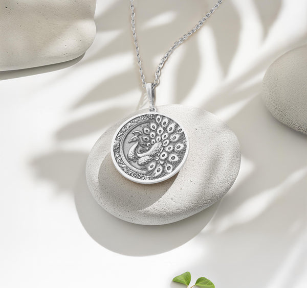 Sterling silver peacock peafowl pendant necklace with detailed feather engraving. Elegant silver pendant for peacock lovers, perfect as a gift or for daily wear. Handmade silver peacock jewelry timeless style and intricate artistry for women and men