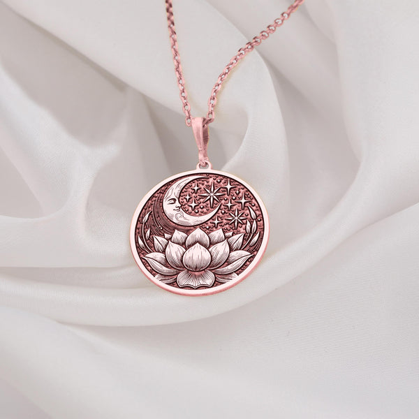 Rose Gold Plated Lotus Crescent Moon Necklace, dainty handmade jewelry for women. Boho-inspired celestial pendant with a spiritual touch. A beautiful and meaningful gift for her, ideal for any occasion.