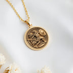 Achilles Greek Hero Coin Pendant Pendants 14K 14K Gold Plated pendant necklace featuring a classical warrior figure design on a round disc.