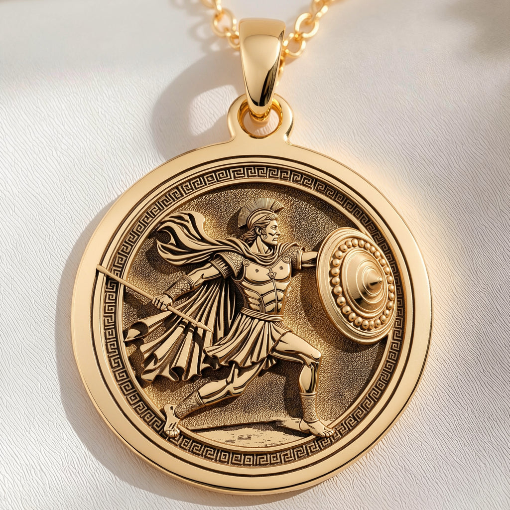 Achilles Greek Hero Coin Pendant Pendants 14K 14K Gold Plated pendant necklace featuring a classical warrior design with Greek key border.