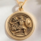 Achilles Greek Hero Coin Pendant Pendants 14K 14K Gold Plated pendant necklace featuring a classical warrior design with Greek key border.