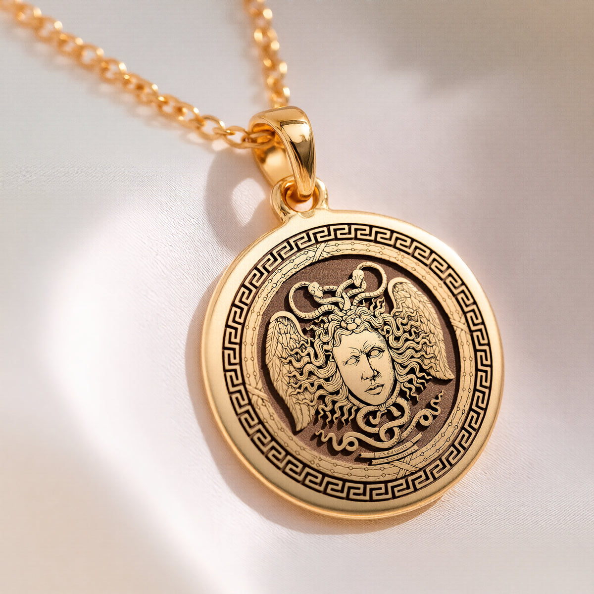 14K solid gold Aegis Gorgon Head Pendant: round  of Gorgon Medusa Greek mythology with ...