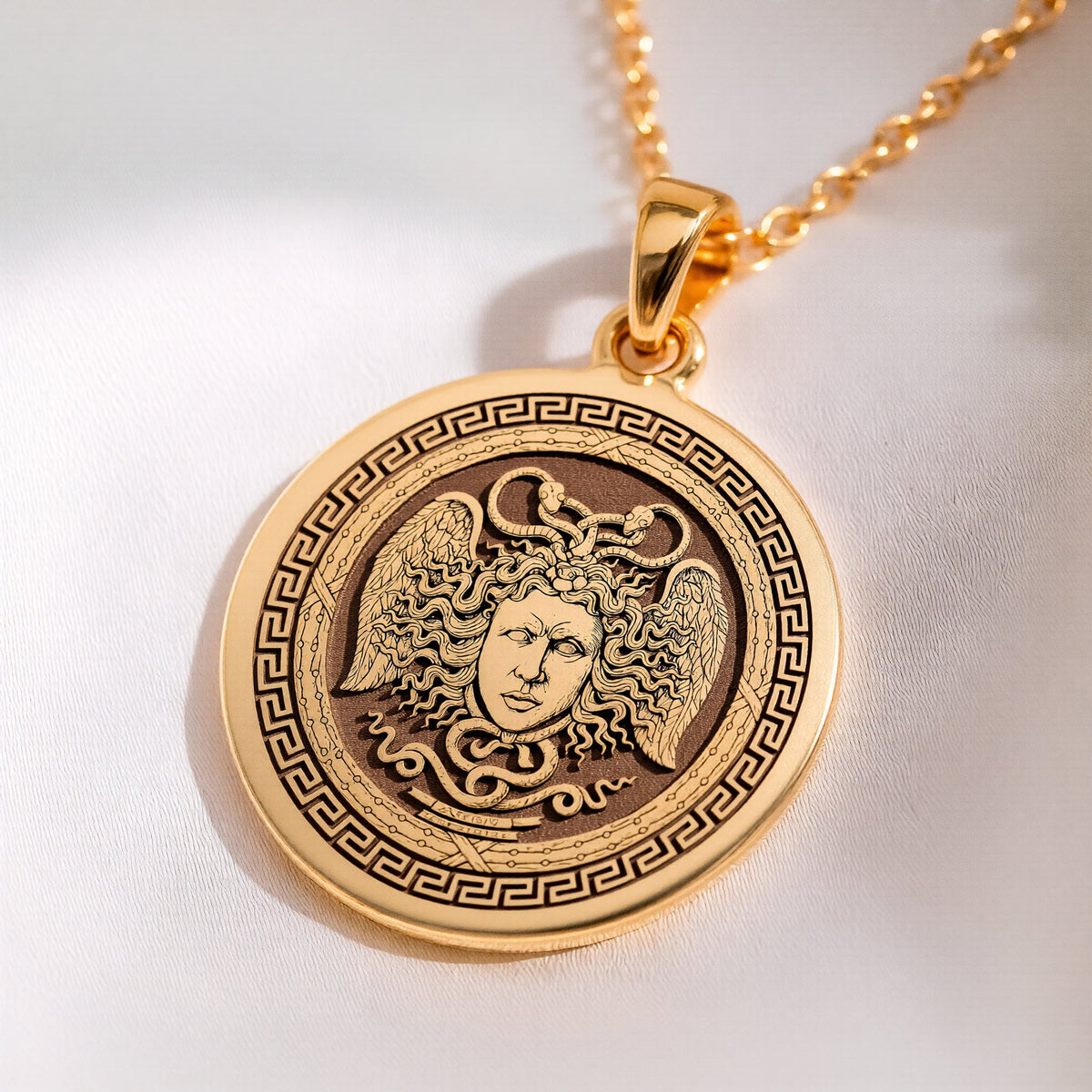 Aegis Gorgon Head Pendant Pendants 14K 14K Gold Plated winged face pendant with Greek key frame necklace