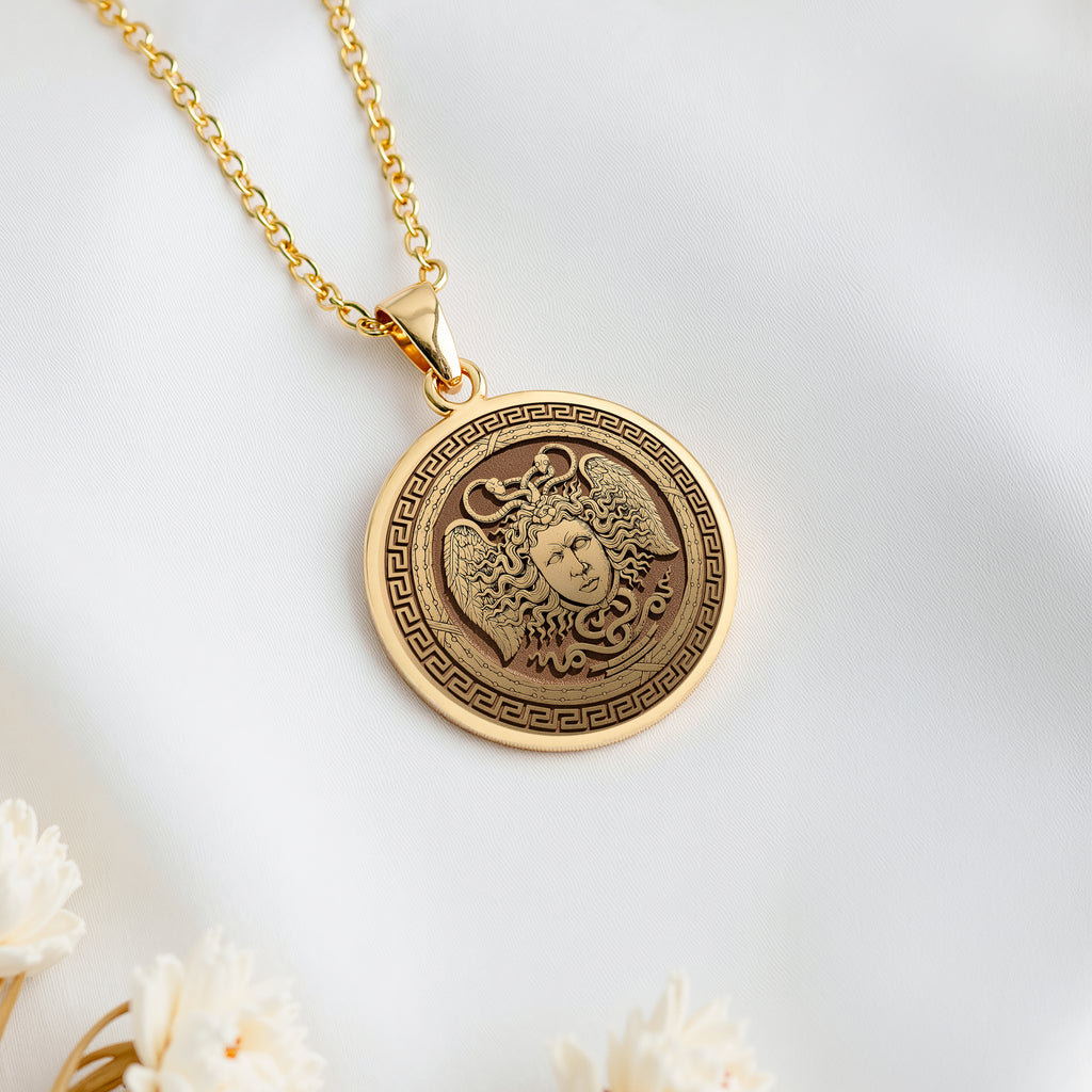 14K solid gold Aegis Gorgon Head Pendant: round  of Gorgon Medusa Greek mythology serpe...