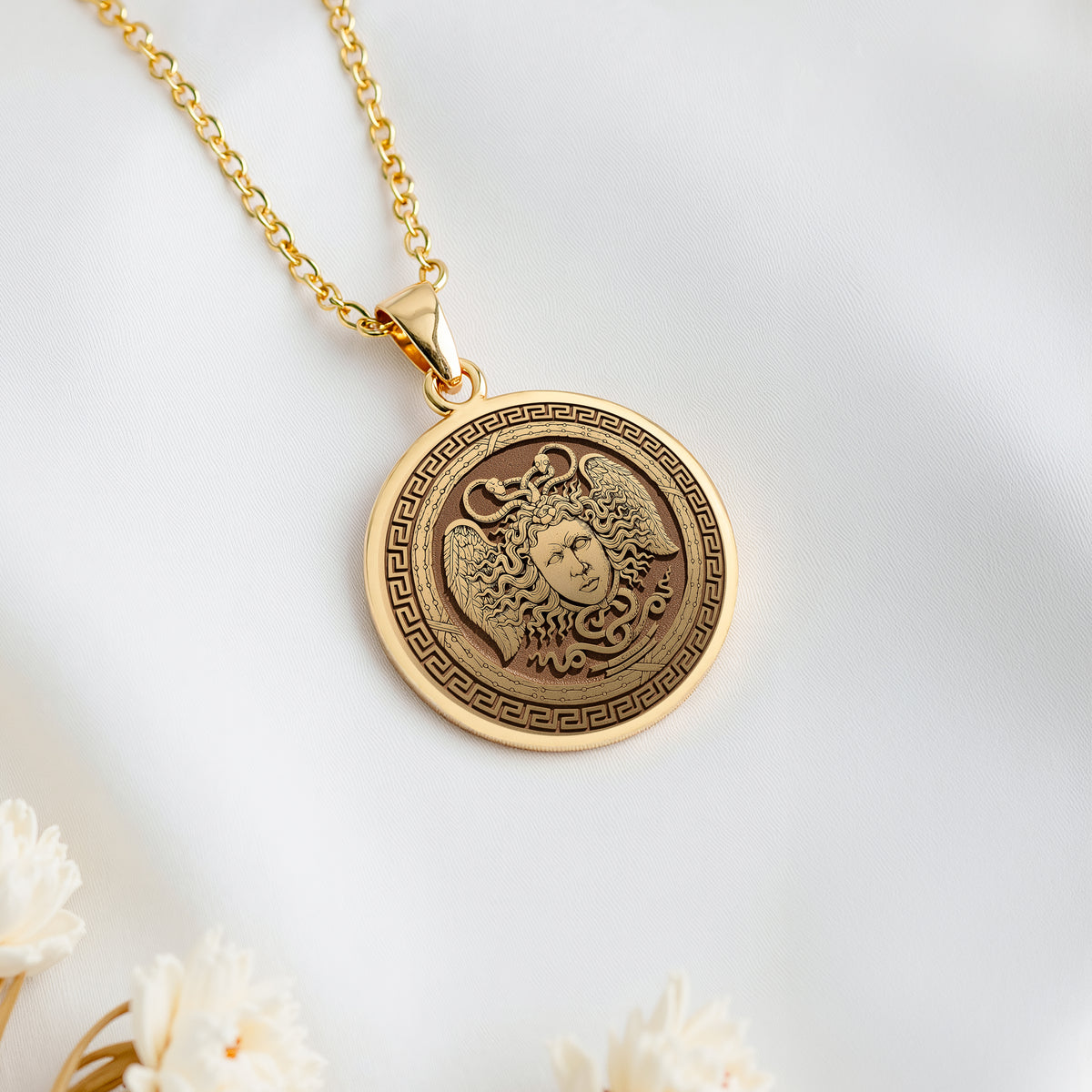 14K solid gold Aegis Gorgon Head Pendant: round  of Gorgon Medusa Greek mythology serpe...