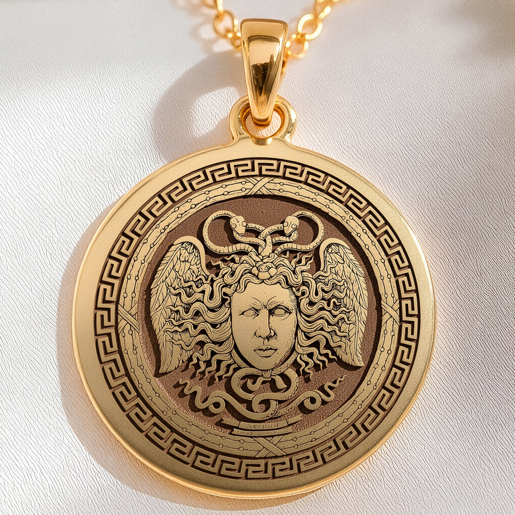 Aegis Gorgon Head Pendant Pendants 14K 14K Gold Plated winged face pendant with Greek key border necklace