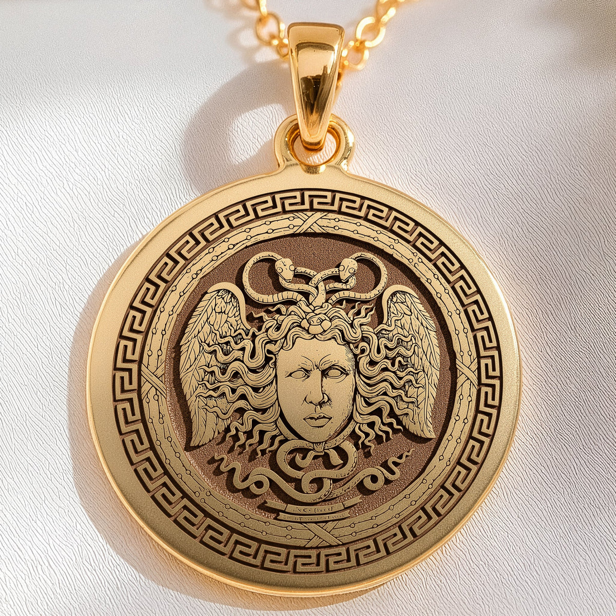 Aegis Gorgon Head Pendant Pendants 14K 14K Gold Plated winged face pendant with Greek key border necklace