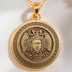 Aegis Gorgon Head Pendant Pendants 14K 14K Gold Plated winged face pendant with Greek key border necklace