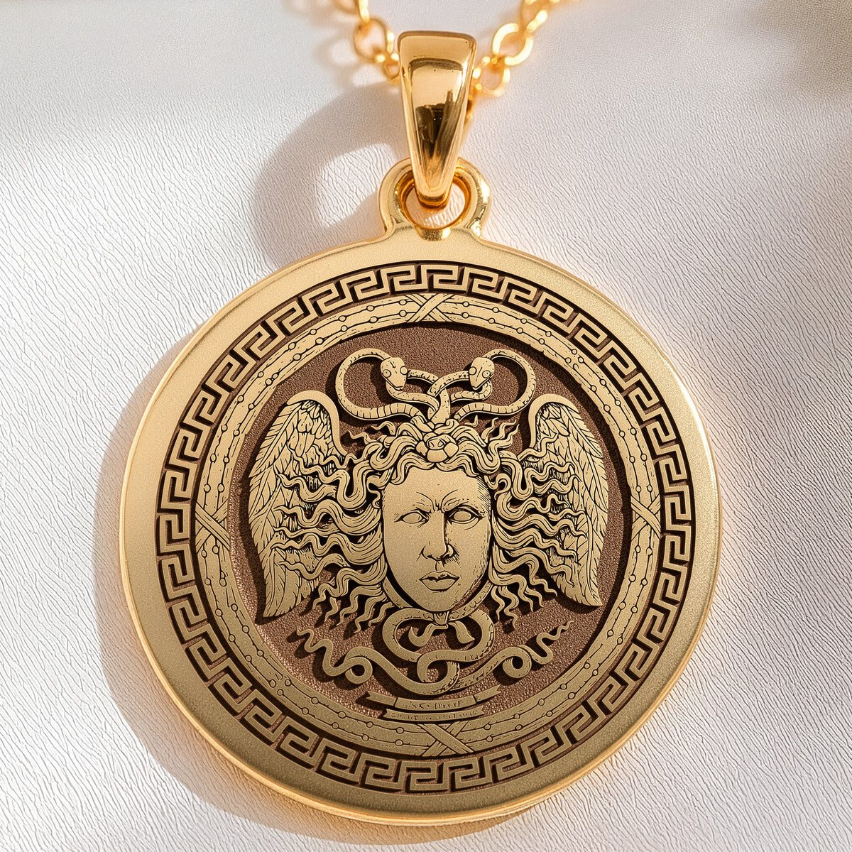 14K solid gold Aegis Gorgon Head Pendant: round  Gorgon head Medusa with serpentine sna...