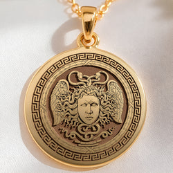 14K solid gold Aegis Gorgon Head Pendant: round  Gorgon head Medusa with serpentine sna...