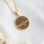 Ahura Mazda Faravahar Pendant Pendants 14K 14K Gold Plated pendant necklace featuring a bird with wings and sun rays design.