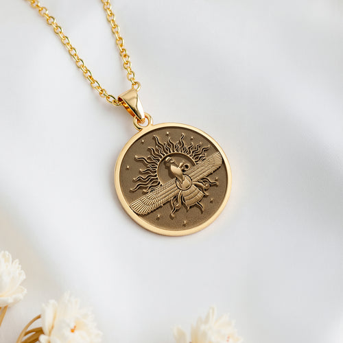 14K solid gold Ahura Mazda Faravahar Pendant: round  of Ahura Mazda ancient Persian dei...