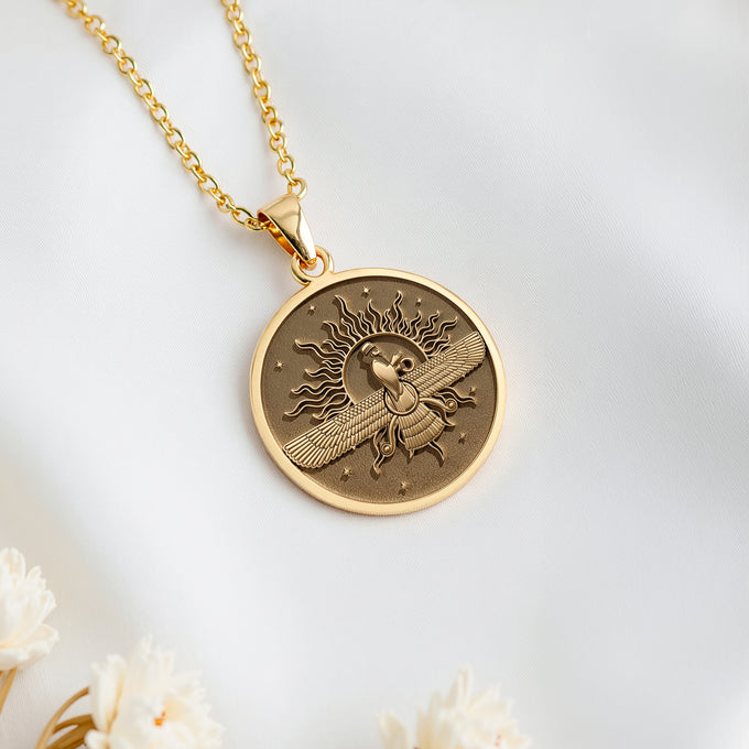 14K solid gold Ahura Mazda Faravahar Pendant: round  of Ahura Mazda ancient Persian dei...