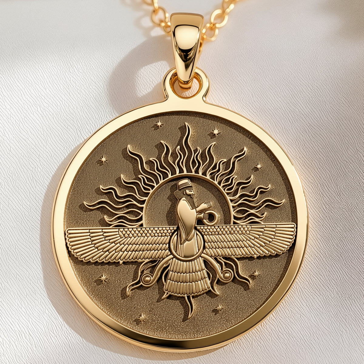 14K solid gold Ahura Mazda Faravahar Pendant: round  Ahura Mazda ancient Persian deity ...