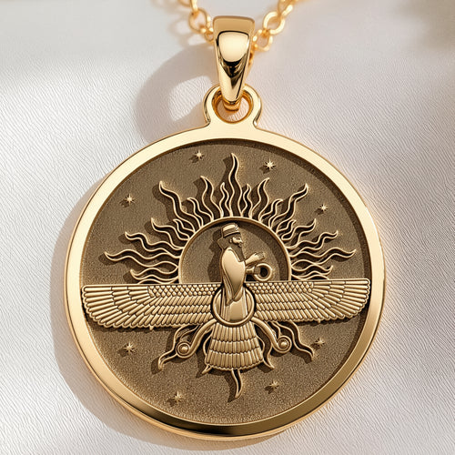 14K solid gold Ahura Mazda Faravahar Pendant: round  Ahura Mazda ancient Persian deity ...