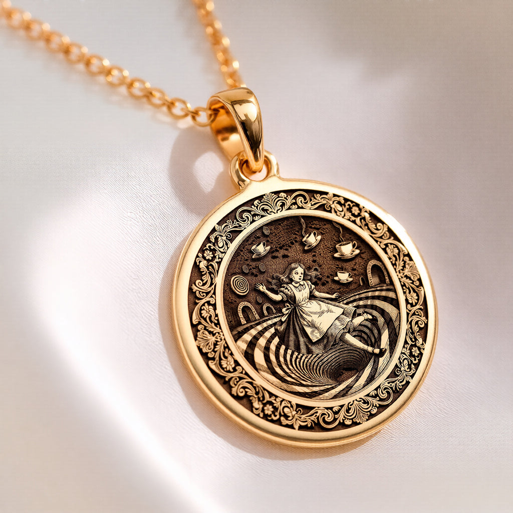 Alice in Wonderland Rabbit Hole Pendant Pendants 14K 14K Gold Plated pendant necklace featuring a classical figure design with intricate swirling patterns.