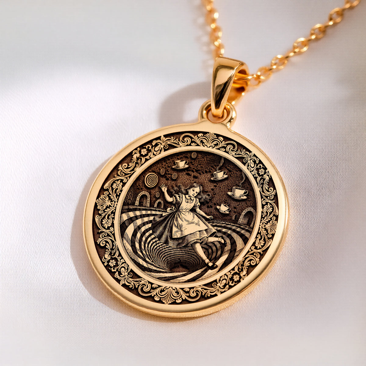 Alice in Wonderland Rabbit Hole Pendant Pendants 14K 14K Gold Plated round pendant featuring a classical figure design with intricate swirling patterns.