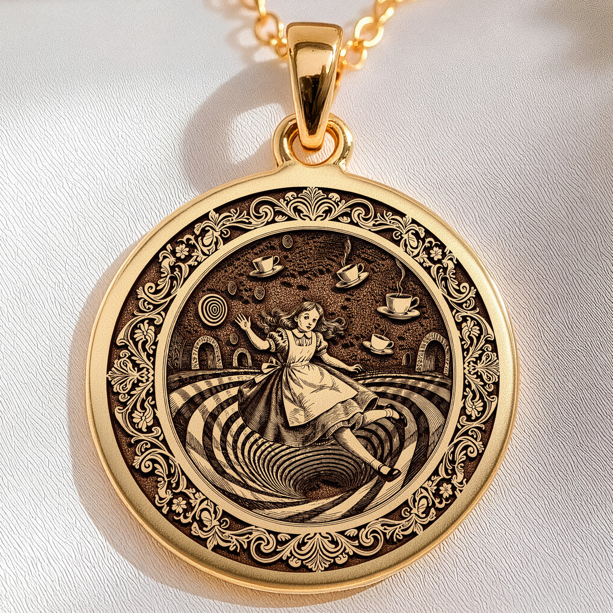 14K solid gold Alice in Wonderland Rabbit Hole Pendant: round  Alice in Wonderland fall...