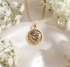 14k solid gold Amor Fati coin pendant, a real gold charm symbolizing strength and acceptance. Lightweight and ideal for layering, this amulet makes a meaningful gift, inspired by stoic philosophy, blending resilience and timeless elegance.
