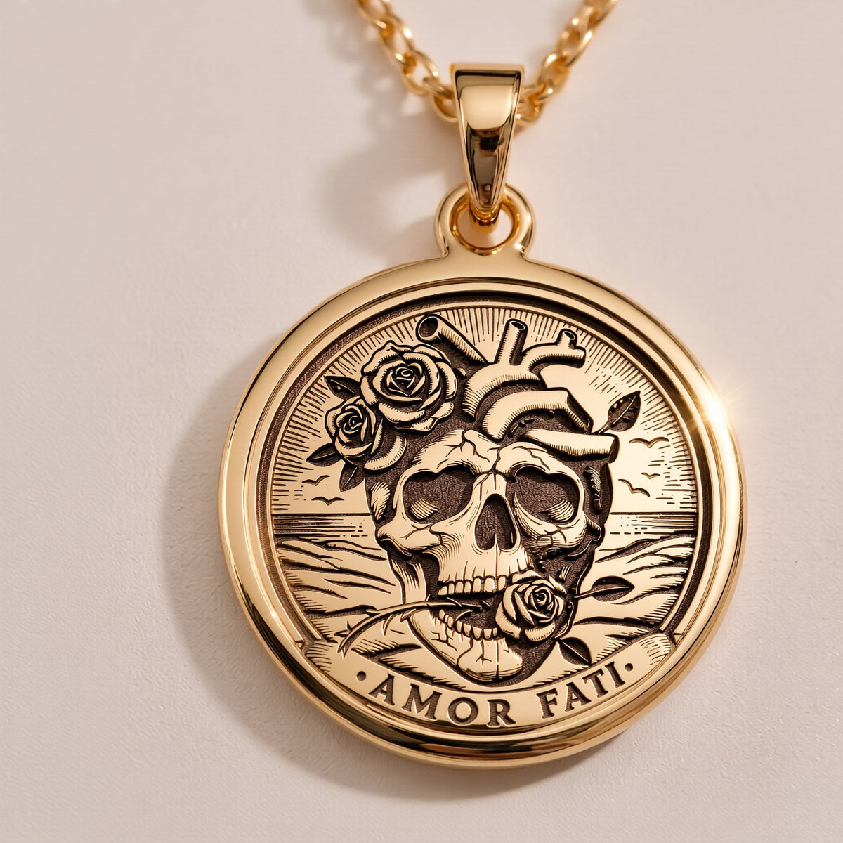Silver Amor Fati coin pendant necklace, symbol of acceptance and resilience. Crafted in 925 sterling silver, this lightweight, dainty charm is ideal for layering, daily wear, and as a timeless, unique gift with elegant, minimalist design.