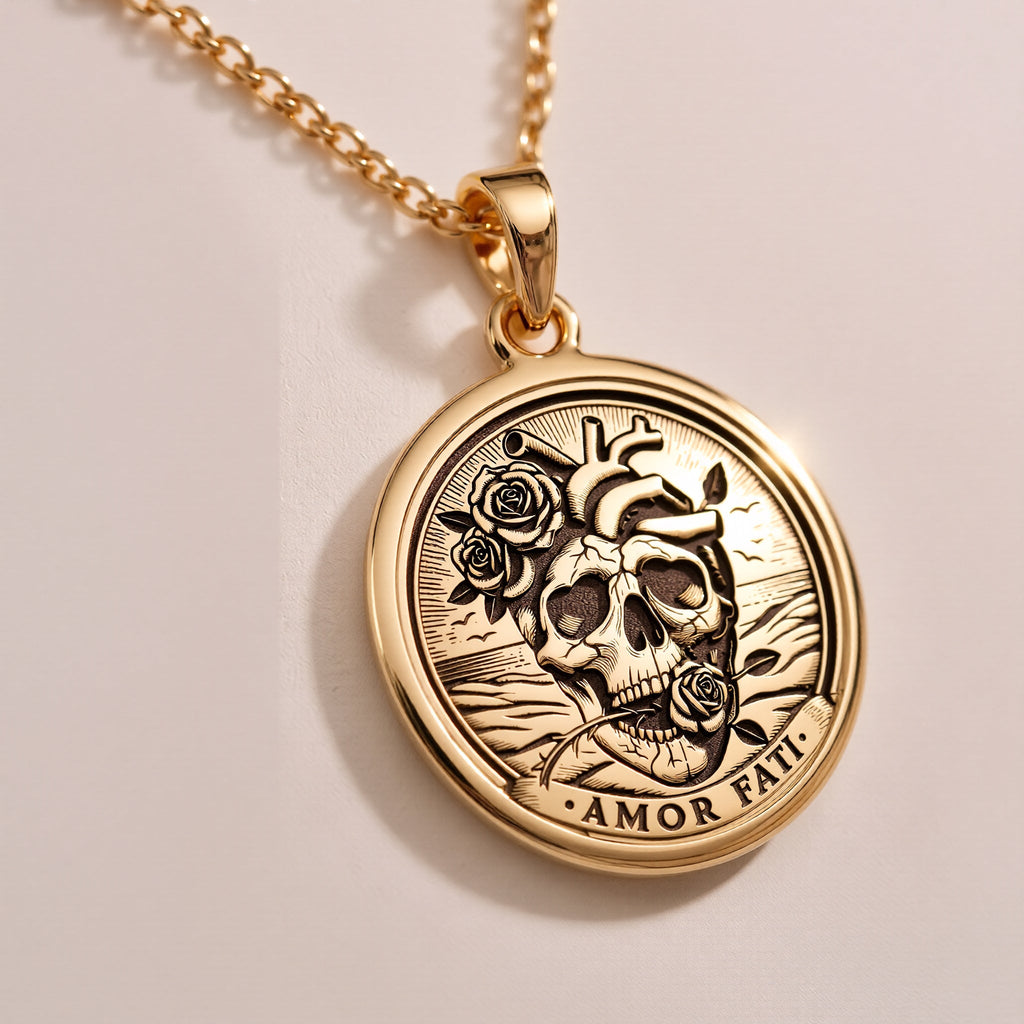 Rose gold plated Amor Fati necklace pendant, charm of resilience and acceptance. Lightweight and dainty, ideal for layering or daily wear. A unique, meaningful gift blending boho style and minimalist elegance with stoic depth.