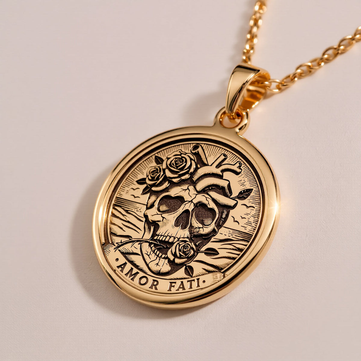 Rose gold plated Amor Fati coin pendant, symbolizing strength and acceptance. Lightweight, perfect for everyday wear or layering. This unique, versatile gift combines resilience, elegance, and the stoic philosophy of fate.