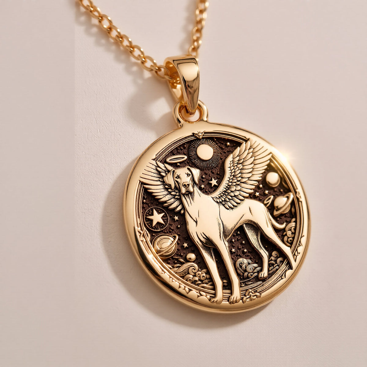 Doberman Angel Medallion Pet Memorial Necklace Necklaces Rose 14K Rose 14K 14K Rose 14K 14K Rose Gold Plated pendant necklace featuring a winged angel design with stars.