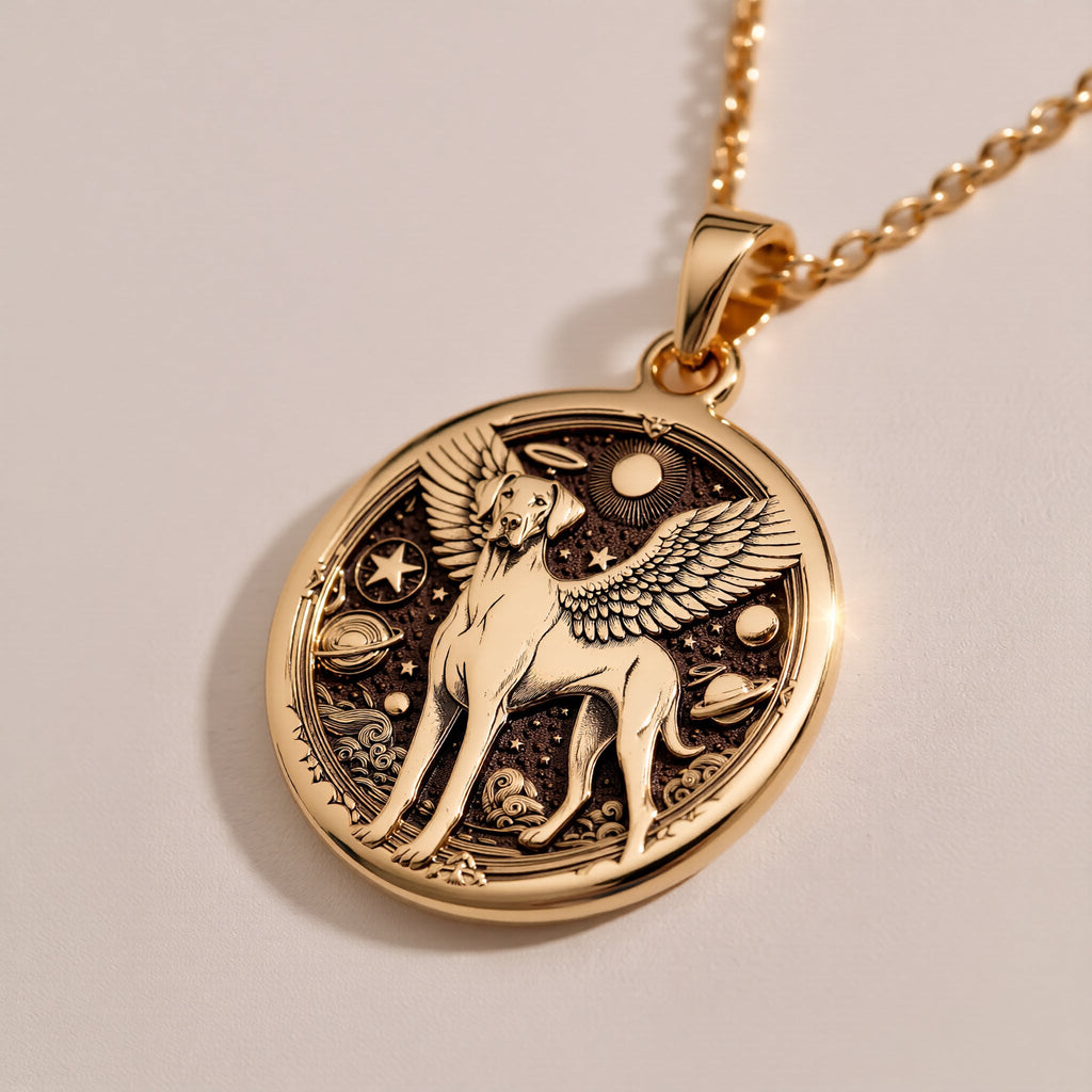Doberman Angel Medallion Pet Memorial Necklace Necklaces 14K Rose 14K 14K Rose Gold Plated winged figure pendant necklace on dark teal fabric