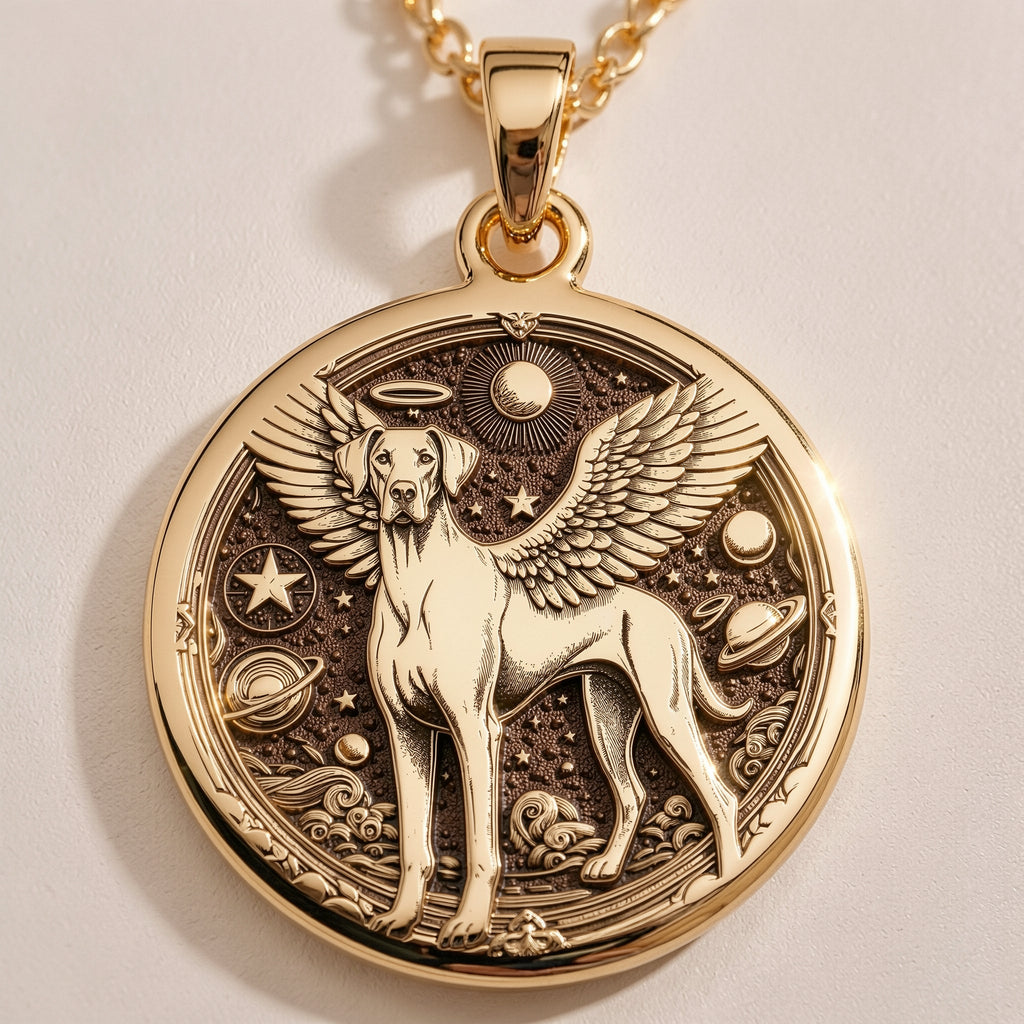 Doberman Angel Medallion Pet Memorial Necklace Necklaces 14K 14K Gold Plated personalized round pendant necklace with engraved text options.