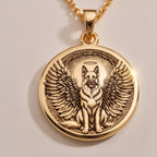 Sterling Silver German Shepherd Angel Pendant with detailed memorial design. Handcrafted silver coin charm featuring beloved working breed with wings, halo and radiant elements. Rainbow bridge jewelry celebrating eternal bond with GSD companions.