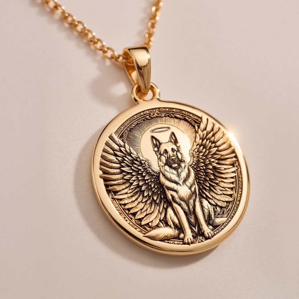 Rose Gold Plated German Shepherd Angel Dog Medallion featuring beloved working breed with heavenly wings and halo. Elegant memorial jewelry with detailed noble expression and ornate radiant border. Warm-toned rainbow bridge talisman for GSD loss.