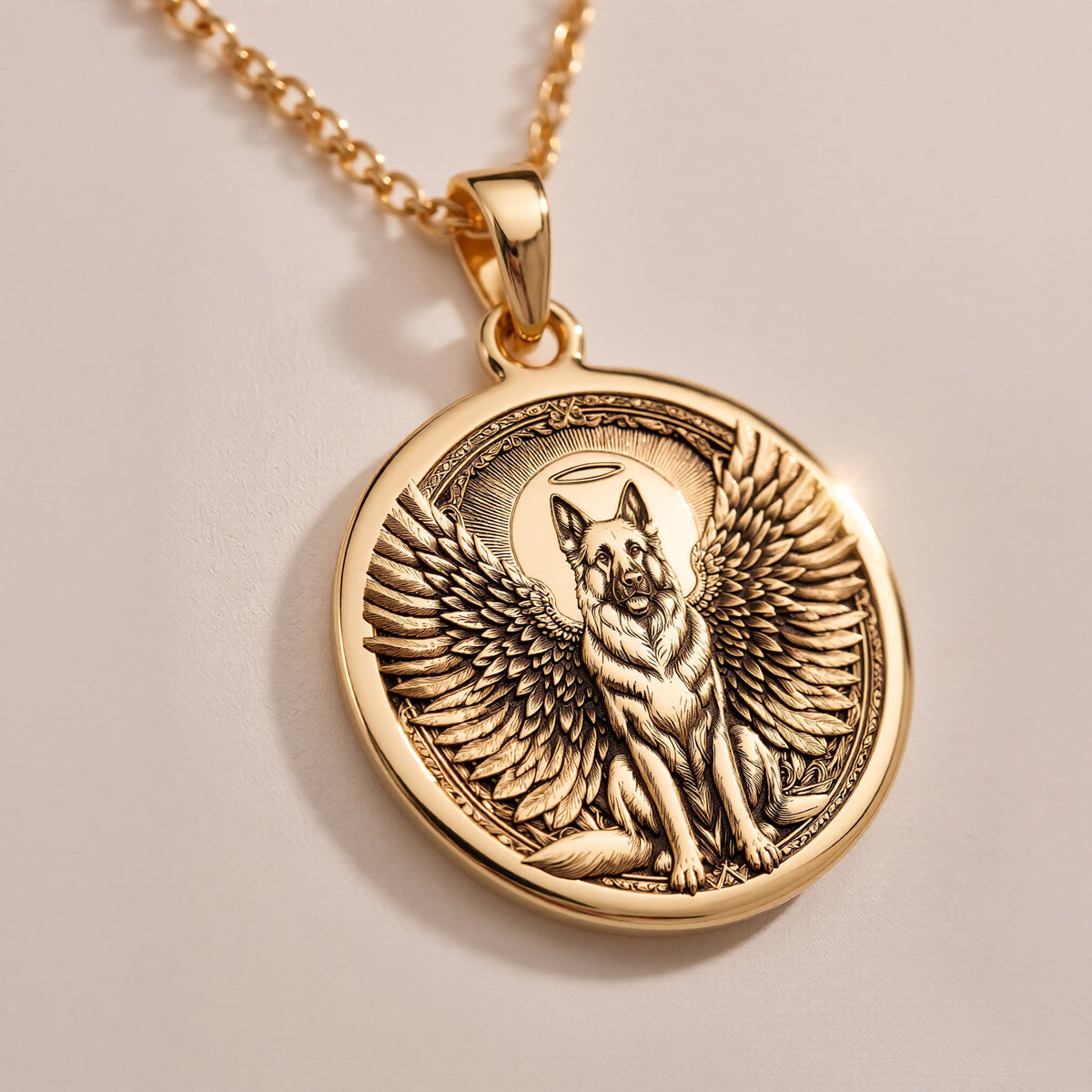 Rose Gold Plated German Shepherd Angel Dog Medallion featuring beloved working breed with heavenly wings and halo. Elegant memorial jewelry with detailed noble expression and ornate radiant border. Warm-toned rainbow bridge talisman for GSD loss.