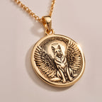 Rose Gold Plated German Shepherd Angel Dog Medallion featuring beloved working breed with heavenly wings and halo. Elegant memorial jewelry with detailed noble expression and ornate radiant border. Warm-toned rainbow bridge talisman for GSD loss.