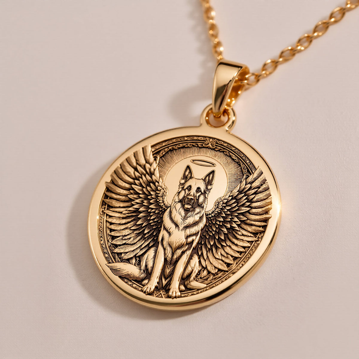 Rose Gold Plated German Shepherd Angel Pendant with memorial design. Warm-toned working breed medallion with detailed wings, halo and noble expression. Rainbow bridge jewelry celebrating eternal love, perfect for grieving German Shepherd parents.