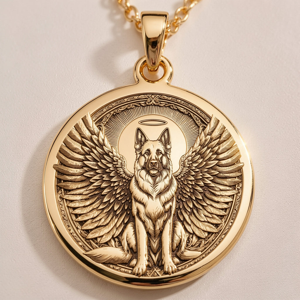 Angel Guardian German Shepherd Medallion | 14K Gold & Silver Options - Pet Memorial Rainbow Bridge Charm - Image 1