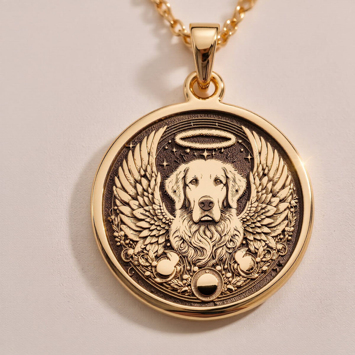 Sterling Silver Golden Retriever Angel Pendant with detailed memorial design. Handcrafted silver coin charm featuring beloved loyal breed with wings, halo and celestial elements. Rainbow bridge jewelry celebrating eternal bond with Golden companions.