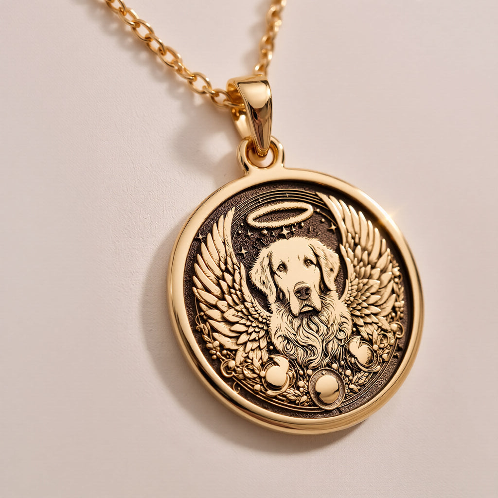 Rose Gold Plated Golden Retriever Angel Dog Medallion featuring beloved loyal breed with heavenly wings and halo. Elegant memorial jewelry with detailed gentle expression and ornate celestial border. Talisman for Golden loss.
