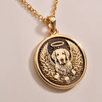 Rose Gold Plated Golden Retriever Angel Dog Medallion featuring beloved loyal breed with heavenly wings and halo. Elegant memorial jewelry with detailed gentle expression and ornate celestial border. Talisman for Golden loss.