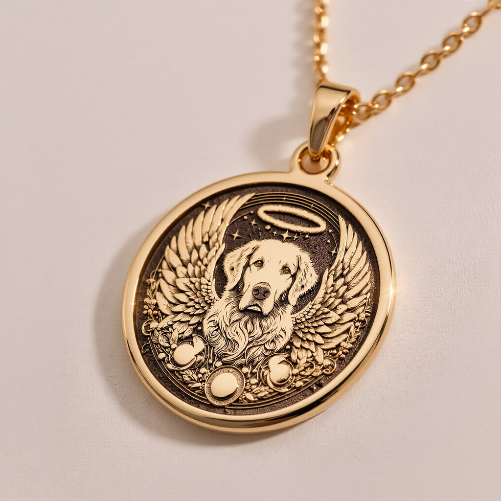 Rose Gold Plated Golden Retriever Angel Pendant with memorial design. Warm-toned loyal breed medallion with detailed wings, halo and gentle expression. Rainbow bridge jewelry celebrating eternal love, perfect for grieving Golden Retriever parents.