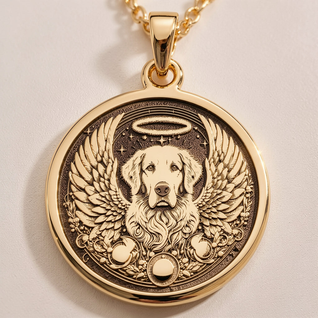 Angel Guardian Golden Retriever Medallion | 14K Gold & Silver Options - Pet Memorial Rainbow Bridge Charm - Image 2