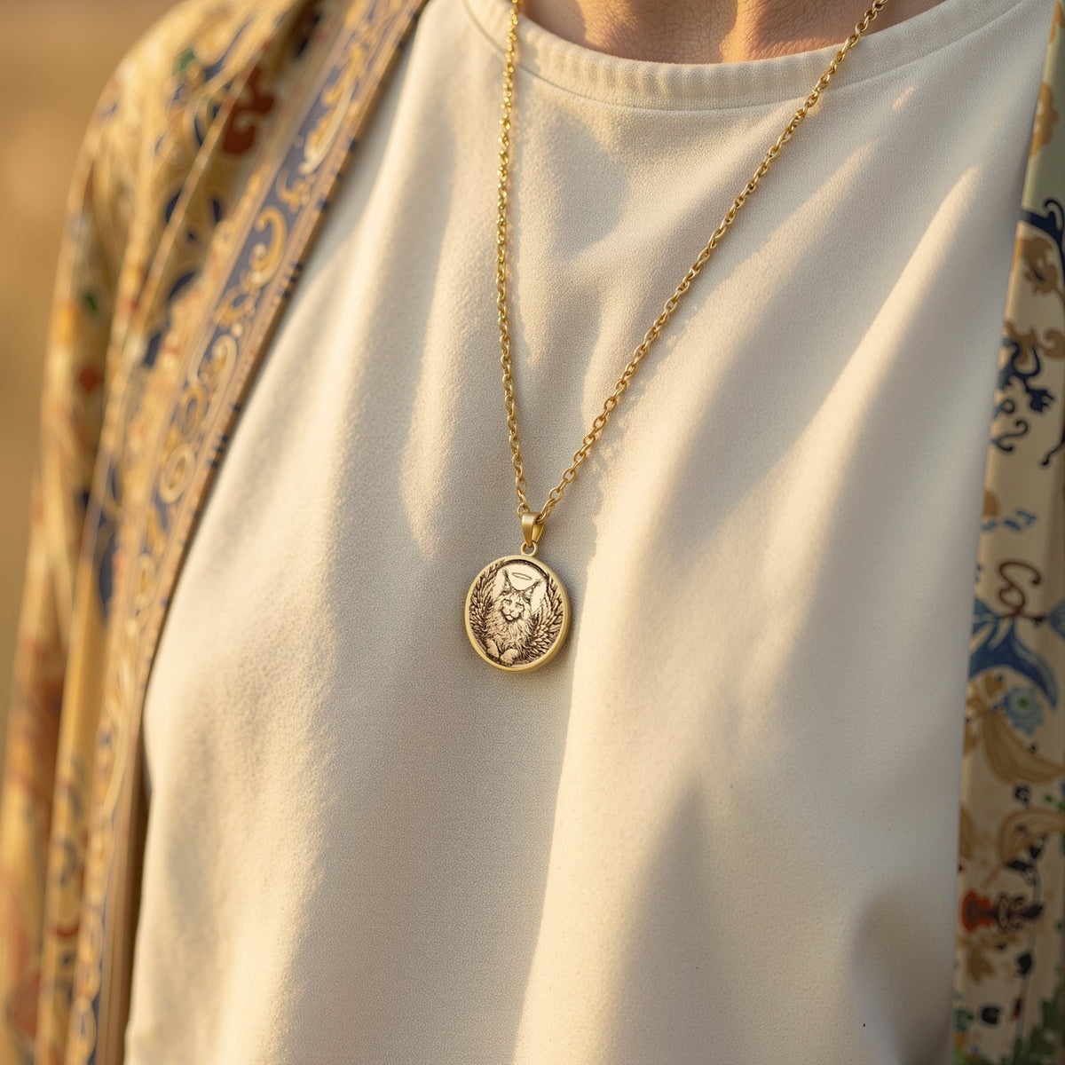 14K Solid Gold Maine Coon Angel Cat Medallion featuring beloved large breed feline with heavenly wings and halo. Detailed memorial talisman with distinctive long fur, tufted ears and radiant background. Luxury Maine Coon memorial jewelry