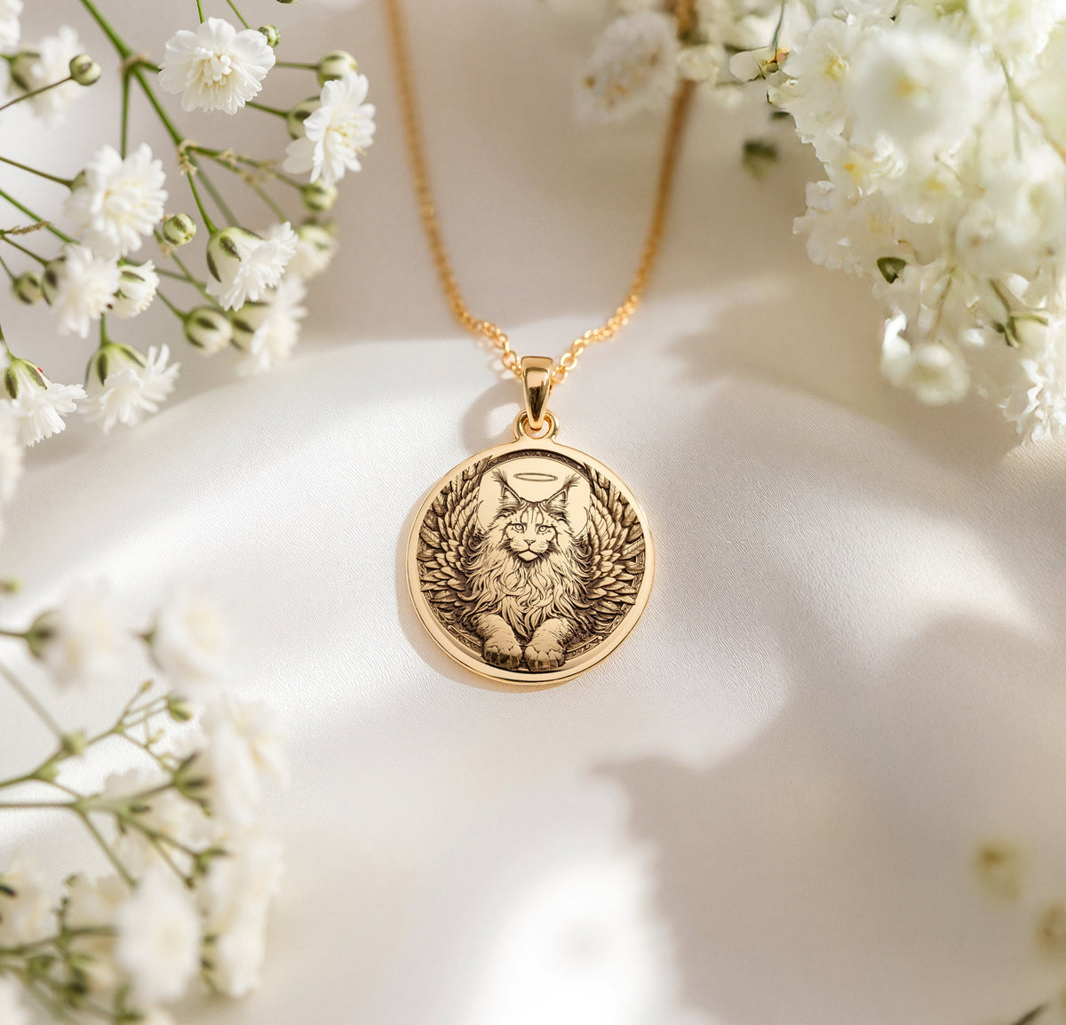14K Gold Plated Maine Coon Angel Cat Medallion with memorial symbolism. Detailed large cat breed angel pendant with wings, halo and radiant elements. Elegant rainbow bridge jewelry gift representing eternal bond with departed gentle giant companion.