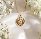 14K Gold Plated Maine Coon Angel Cat Medallion with memorial symbolism. Detailed large cat breed angel pendant with wings, halo and radiant elements. Elegant rainbow bridge jewelry gift representing eternal bond with departed gentle giant companion.