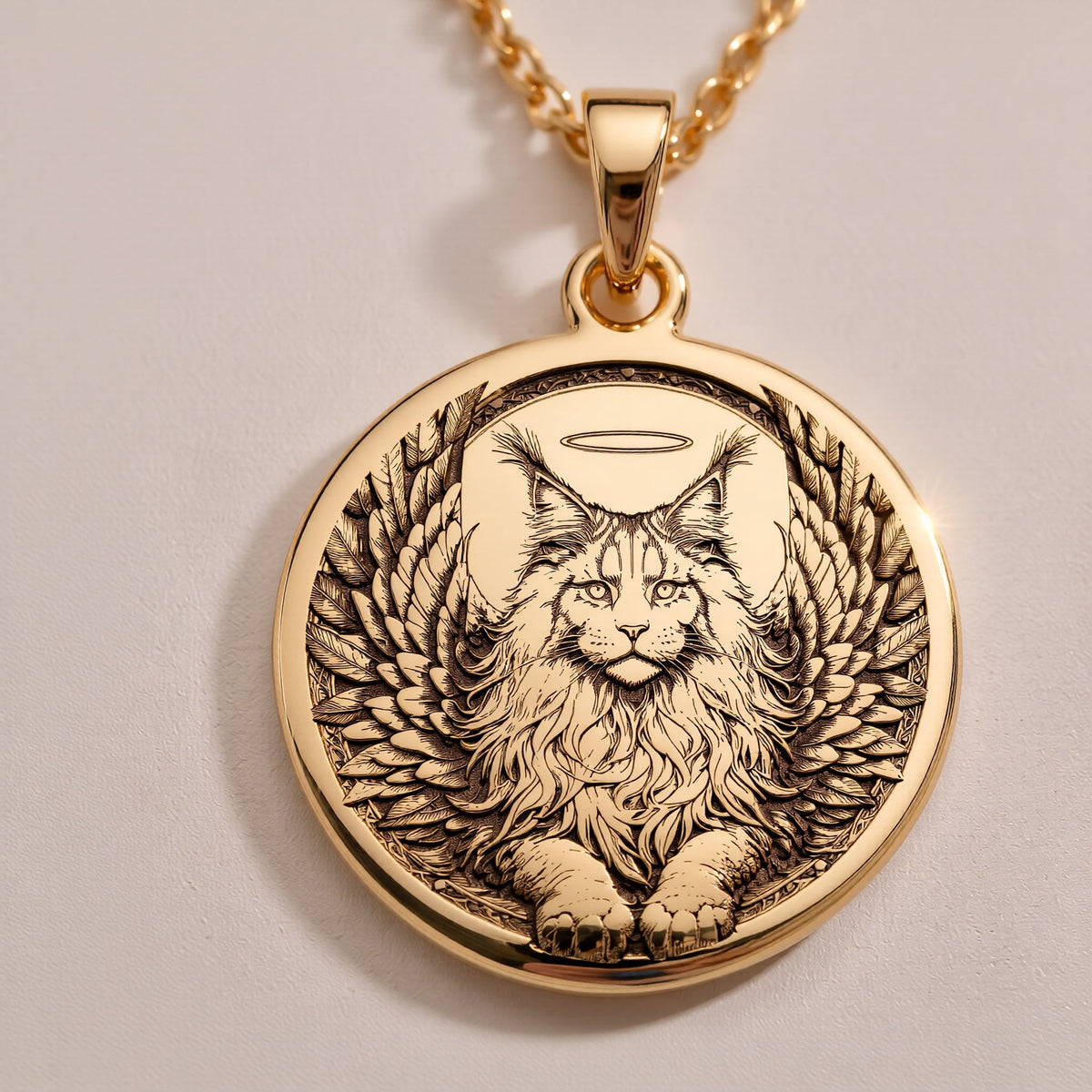 Sterling Silver Maine Coon Angel Pendant with detailed memorial design. Handcrafted silver coin charm featuring beloved gentle giant cat with wings and halo. Rainbow bridge jewelry celebrating eternal bond with Maine Coon companions.
